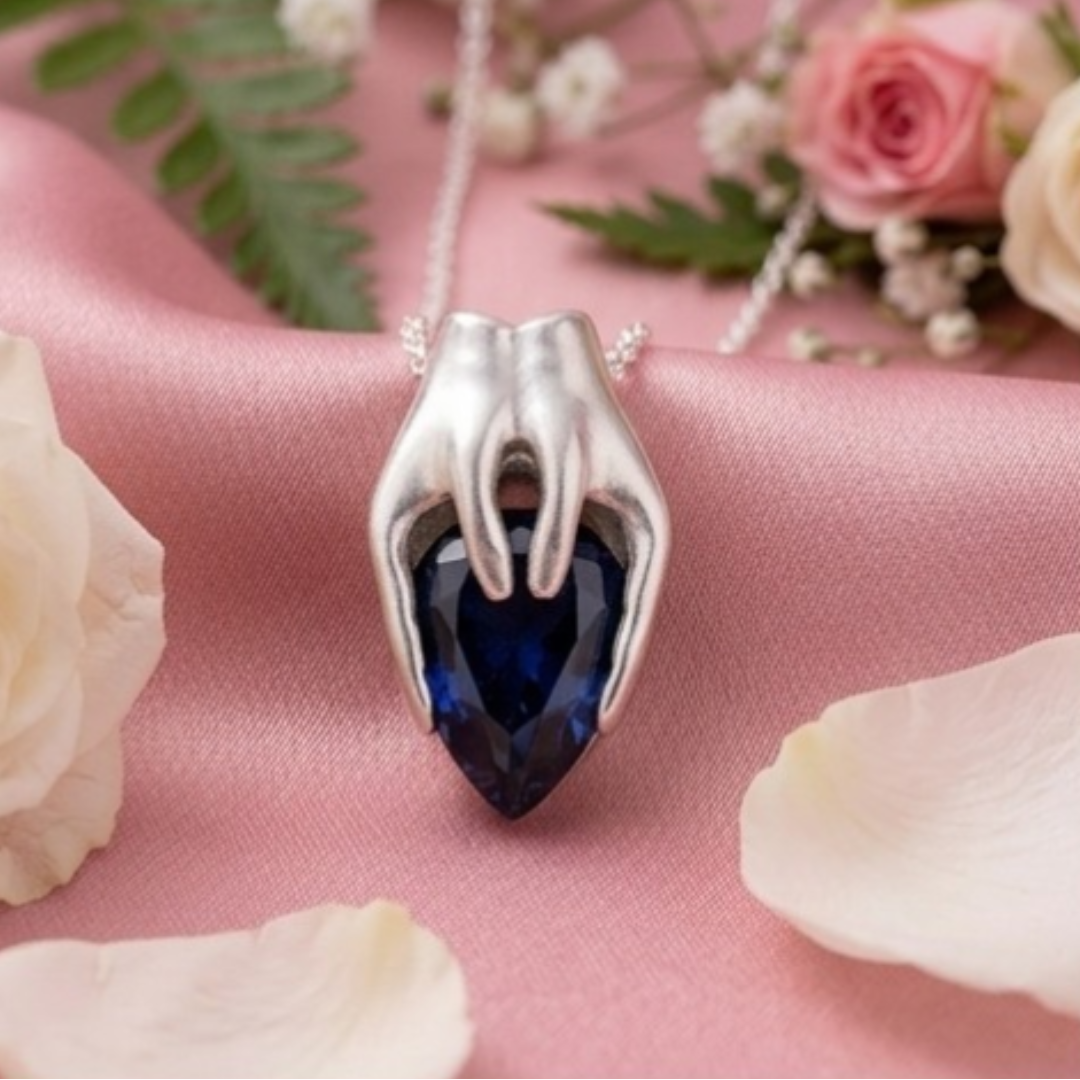 Silver Hand & Teardrop Gem Pendant