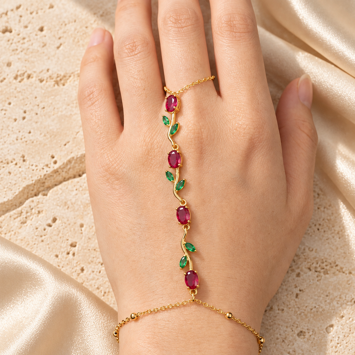 Scarlet Vine hand-chain bracelet in a luxury setting